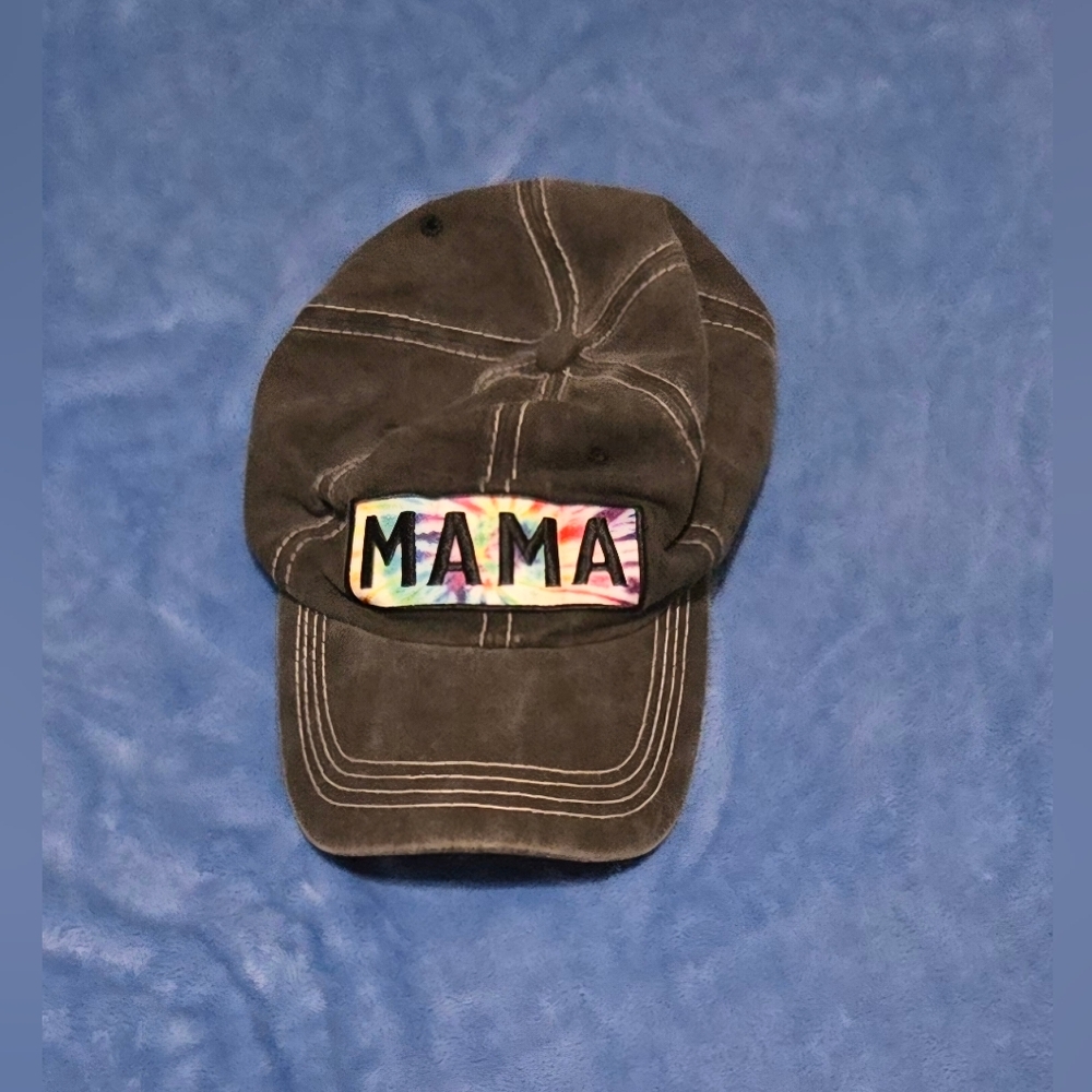 Preloved MAMA Tie Dye Patch Gray Distressed Style Adjustable Hat One Size